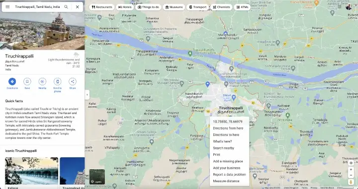 Google's Maps showing Tiruchirappalli location